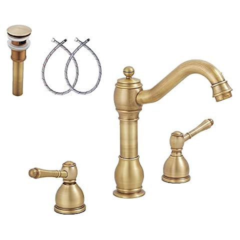 YBlucklly Antique Brass Widespread Bathroom Sink Faucet Farmhouse Washingroom Vantity Faucet 2 Handles 3 Holes Bathroom Faucets with Pop Up Drain with Overflow Cover