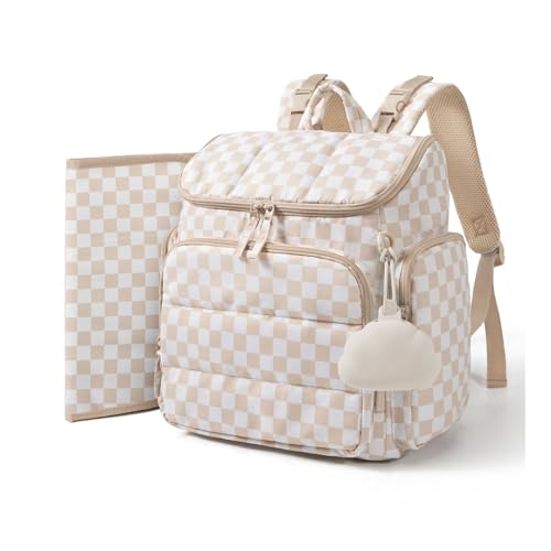 mommore Diaper Bag Backpack, Baby Bag with Waterproof Changing Pad and Stroller Straps for Toddler, Diaper Backpack for Mom Dads with Insulated Pockets & Pacifier Case, Baby Essential, Checkered Khaki