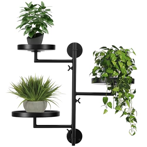 3-Tier Rotating Metal Plant Stand, Wall Mounted Plant Floral Holders Wall Plant Shelves Indoor Outdoor Display Rack for Multiple Flowers,Black Round Shelves for Living Room Garden Modern Home Decor