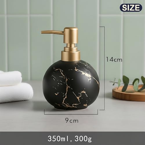 Image of Luxury Ceramic Soap Dispenser (Luxe Black) - 350ml Round Modern Refillable Lotion Shampoo Handwash Bottle Matte Black with Gold Marbling Premium Countertop Accessory for Bathroom, Kitchen & Wash Basin