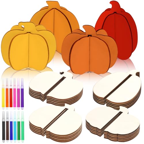 Blosssound 48 Pcs Fall Craft Set 36 Wood Pumpkin for Crafts 3D Pumpkin Cutouts with 12 Colored Markers Wooden Unfinished Slices to Paint for Thanksgiving Autumn Harvest DIY Handmade Tiered Tray Decor