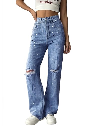 heipeiwa Women's Rhinestone Jeans Straight Leg Ripped Denim Pants High Waist Sparkle Shiny Sequin Trouser