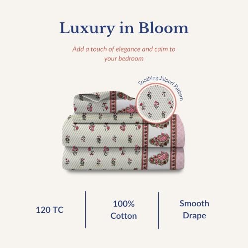 Image of Jaipur Weaves Jaipuri Double Bed Cotton Bedsheet Queen Size 90x85, 120 TC 100% Pure Cotton Bed Sheet with 2 Pillow Covers, Floral Traditional Print (Red Motifs, Double)
