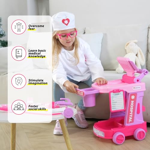 Image of Liberry Toddlers Doctor Kit Toy for Girls Boys Ages 2 3 4 5, Pink | Kids Doctor Playset with Cart, Costume & Stethoscope, Role Play, Pretend Play Medical Toys, Birthday Gift