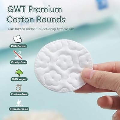 GWT Premium Cotton Rounds for Face, 100% Pure & Lint-Free Cotton Pads, Soft & Absorbent Makeup Remover, Hypoallergenic, Multi-Layer Design, 100 Count (Pack of 1)