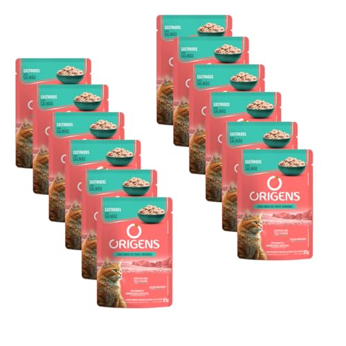 Sachê Origens Gatos Adultos Castrados Salmão 85g 12 unid Ração Úmida