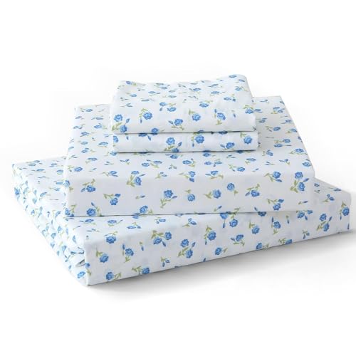 Image of MUXHOMO Queen Size 4 Piece Sheet Set, Soft Breathable Bed Sheet Set for Bedroom with Deep Pocket Up to 16 inch, Wrinkle-Free & Cooling Bedding for Oeko-TEX Certified - Floral Blue