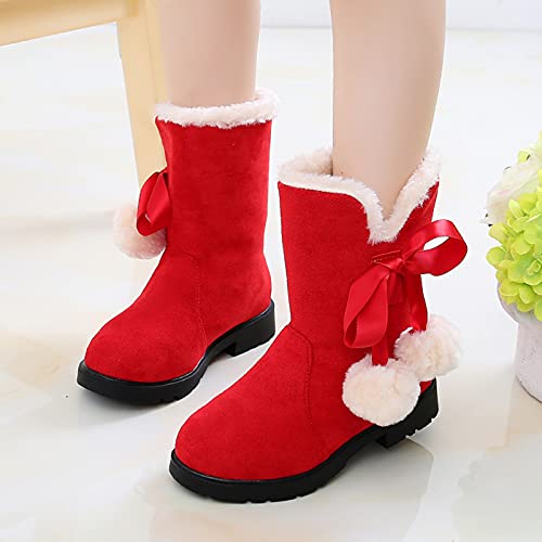 2021 Winter Little Kids Baby Girls Princess Shoes Fashion Bowkont Cotton Boots Snow Boots (Red-1, 32)2