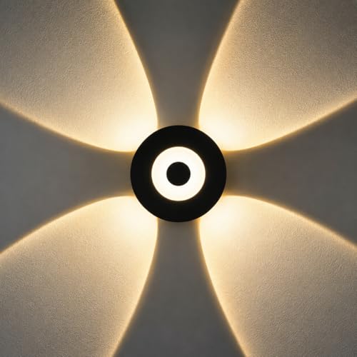 Image of Waterproof Up Down Led Wall Lamp, Aluminium IP65 Body 4+1 Ray, Warm White, Indoor /Outdoor Decorative Wall Sconce Light, (HaloBeam 4 Way Warm)