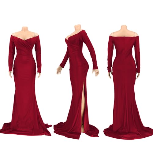 Image of Off Shoulder High Split Long Formal Party Maxi Dresses Evening Gown, Sexy Off Shoulder V Neck High Split Maxi Elegant Party Evening Dress (Dark Red 2XL)