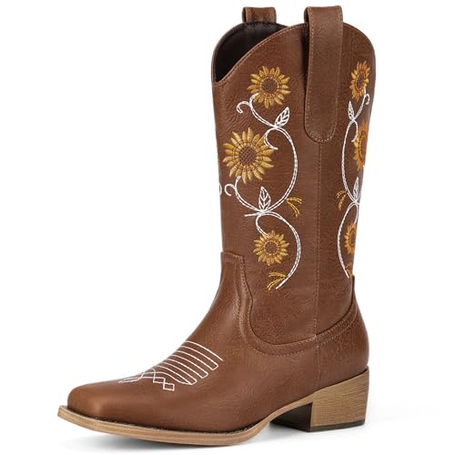Image of Cowboy Boots for Women - Mid Calf Western Sunflower Cowgirl Boots with Floral Embroidery, Square Toe Stitched Pull On Retro Design, Perfect for Country Idyll, Concerts and More