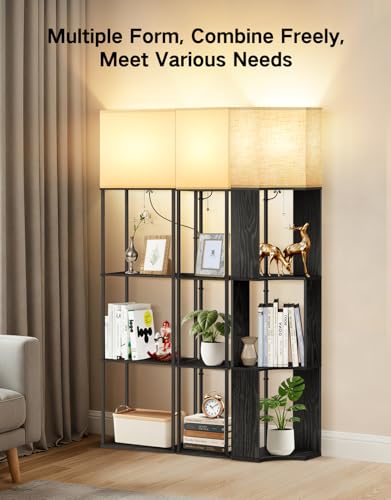 Image of OUTON Floor Lamp with Shelves, Modern Tripod Standing Shelf Lamp, Black | 3 Color Temperature Bulb, Storage Display Wood Column Tall Bookshelf Lamp for Living Room, Bedroom Office