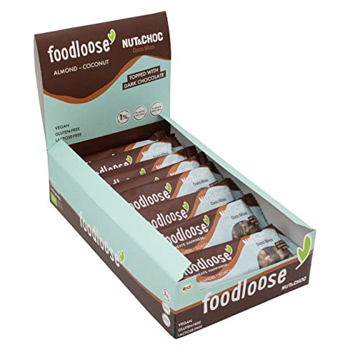 foodloose Bio-Nut&Choc Riegel Coco Bliss | Vegane, laktose- und glutenfreie Bio-Nussriegel ohne raffinierten Zucker | Dunkle Schokolade, Mandel & Kokos | Vorteilspack (24 Riegel x 30g) Cover