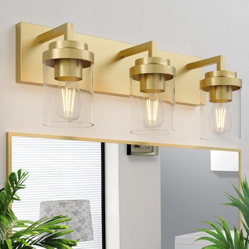 Image of Bathroom Lighting Fixtures, 3-Light Bathroom Vanity Lights Over Mirror, Brass Vanity Light with Glass Shade, Modern Vanity Lighting Fixtures for Bedroom, Hallway