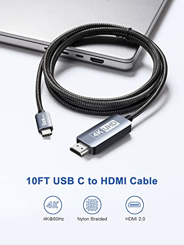 Image of dockteck USB C to HDMI Cable, Type C to HDMI, 10Ft Thunderbolt 3 /4 to hdmi 4K[60Hz] Braided Cord, High-Speed HDR USB C to Hdmi Cable for MacBook Pro /Air, iPad Air 4 /iPad Pro 2021 /iMac /S20 /XPS 15 /Dell