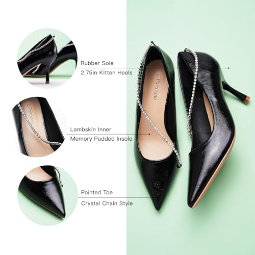 C.Paravano Women's Pumps | Crystal Chain Heels | Pointed Toe Kitten Heel | Comfortable Dress Shoes | Elegant Party Wedding Designer Shoes(Size 6.5,Black)4