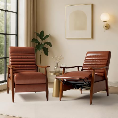 Leather Recliner Chair Set of 2, Mid Century Push Back Accent Ｃhair, Comfortable Living Room Chair with Solid Wood Frame, High Back Lounge Chair for Reading and Relaxing(Brown)