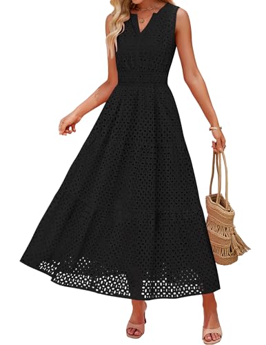 ZESICA Women's V Neck Hollow Out Eyelet Flowy Maxi Dress Black M