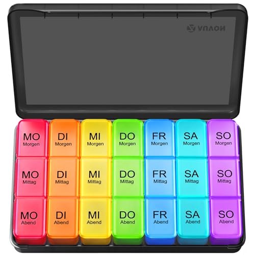 AUVON Tablettenbox 7 Tage Morgens Mittags Abends, Tragbare Pillendose mit Großen Separaten Fächern, Medikamentenbox 7 Tage 3 fächer, lichtundurchlässiger Pillenbox für Medikamente, Vitamine Fischöle