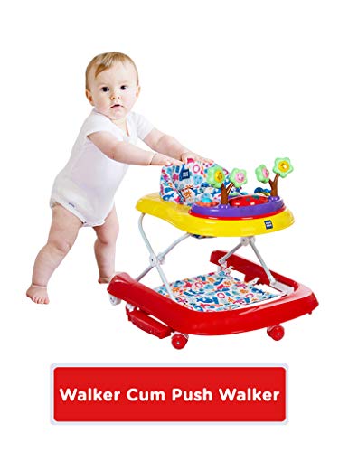 Image of Mee Mee Premium 3-in-1 Baby Walker with Rocker & Push Handle | 3-Level Height Adjustable, Musical Tray, Foot Mat, 360 Wheels, Cushioned Seat | for Babies 6-18 Months Up to 15kg (Red)