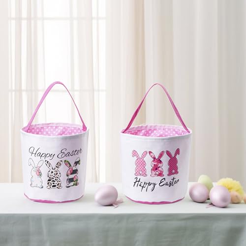 Image of Easter Basket, Personalized Candy Egg Basket Rabbit Print Buckets with Fluffy Tail Gifts Bags for Egg Hunts Easter Eggs gifts (Pink Style 1)