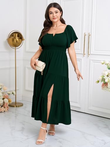 Image of SCOMCHIC Womens Plus Size Maxi Dress Formal Short Sleeve Square Neck Smocked Side Split Flowy A Line Tiered Long Dress