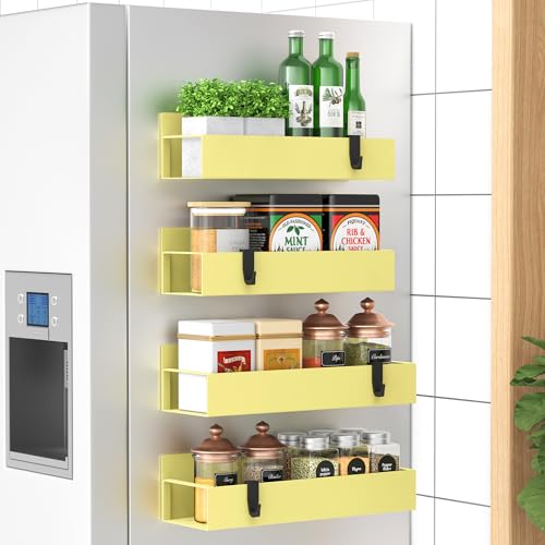 Image of HuggieGems Metal Magnetic Spice Rack for Refrigerator Yellow, 4 Pack | Magnetic Shelves Heavy Duty for Fridge in Kitchen, Seasoning Storage Organizer, For Oven Washer and Dryer, For Heavier Items