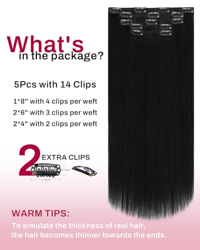 Image of Moresoo Jet Black Clip in Hair Extensions Human Hair Jet Black Human Hair Extensions Clip ins Short Remy Human Hair for Women Double Weft 80g /5pcs 10 inch