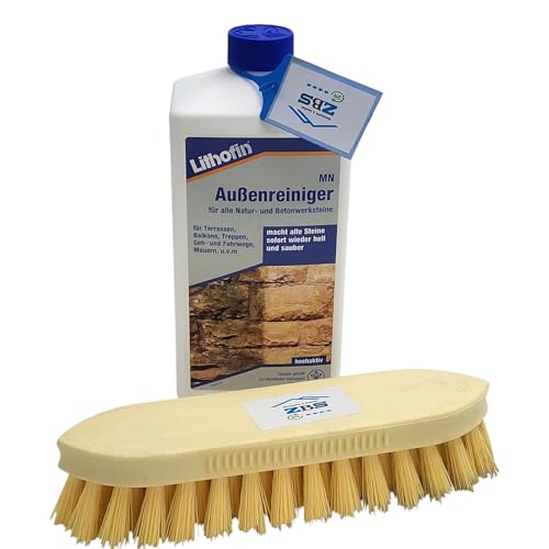 zbs24 Lithofin MN Außenreiniger 1 Liter mit Reinigungsbürste - hochwirksamer Steinreiniger für Beton-u. Natursteinen im Aussenbereich