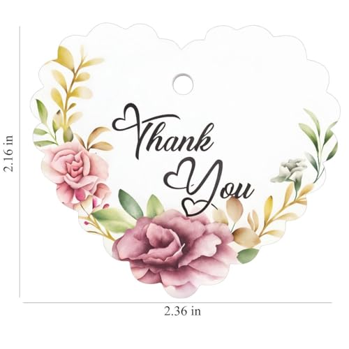 Image of CVANU Heart Shaped Thank You Tags 150-Pcs with Golden String, Floral Design Gift Tags for Wedding Favors| Birthday Party| Small Business Packaging (2.16x2.36 inch) D7