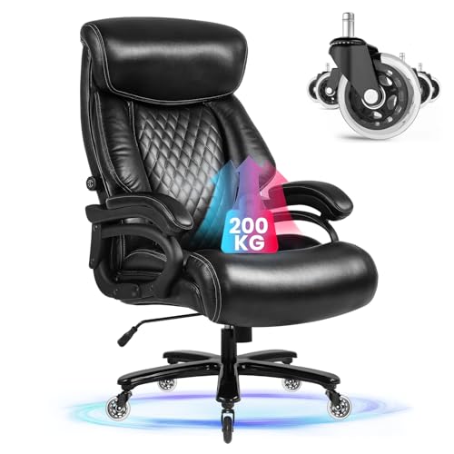 Bosmiller XXL Bürostuhl Chefsessel 200kg, Ergonomischer Schreibtischstuhl mit Verstellbarer Lendenwirbelstütze, Extra Breiter Drehstuhl aus PU Leder, Schwarz