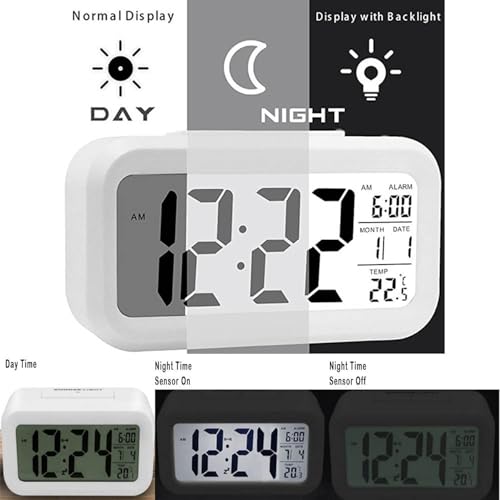 Image of DTL Digital Alarm Clock LED Display with Temperature Big LCD Digit Display Larger LCD Backlit Display Snooze Smart Brightness Sensor for Bedroom Home Office and Travel (White)