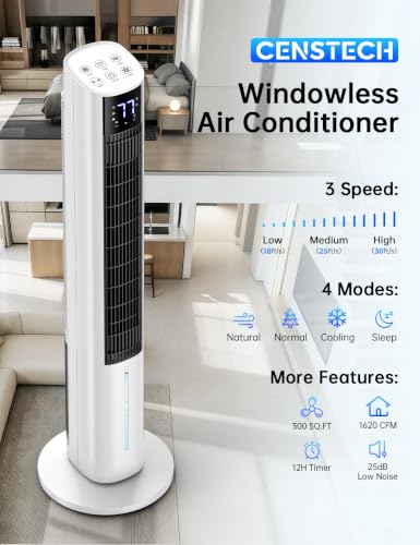 Image of 45 inch Windowless Air Conditioner for Bedroom, 25dB Ultra-Quiet Sleep Mode, 4L Dual Tank Cooling 24H, 120 Swing Swamp Cooler Air Conditioner, 12H Timer, 3 Speeds & 4Modes Evaporative Air Cooler