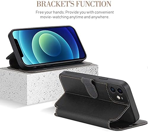 ELESNOW Case for iPhone 12-6.1", Premium Leather Wallet Flip Cover [Full Lens Protection] [Magnetic Closure] Compatible with Apple iPhone 12 (Black)
