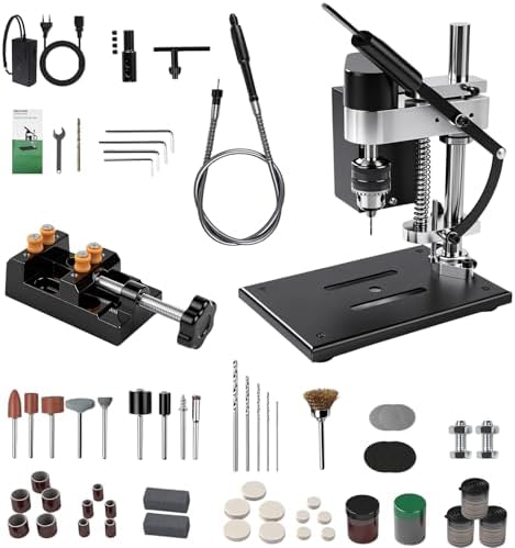 Mini Taladro de Banco, Taladro de Columna 200 W, 7 Velocidades Ajustables, Motor 775, Accesorio Eje Flexible, Portabrocas 0,6-6,5 Mm, Recorrido Perforación 50 mm para Madera, Metal, Plástico, Aluminio