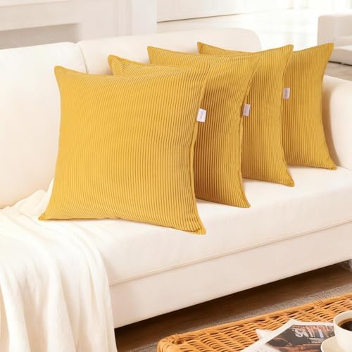 Throw Pillow Covers Corduroy Pillowcase Set of 4, No Inserts| Thick Fall Autumn Winter Decorative Soft Couch Shams Square Pillow Cases for Sofa Bed Living Room(Yellow, 18