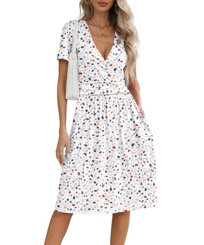Image of NILOUFO Women's Summer Short Sleeve Casual Dress Wrap V Neck Party Midi Dresses with Pockets