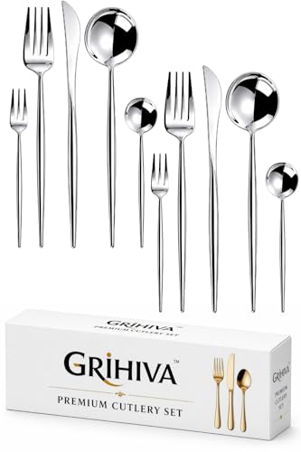 Image of 10 Pcs Silver Cutlery Set for Dining Table the Perfect Lightweight Silim Handle Tableware Including Dinner Spoon, Dinner Fork, Dinner Knife, Dessert Spoon & Dessert Fork