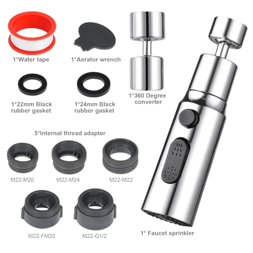 OSDUE Kitchen Tap Spray Head, 360° Swivel Spout, FM22 M24, 3 Modes, Replacement Tap Bubbler Head Aerator, Tap Adapter Accessories, G1/2, ABS+Brass Material