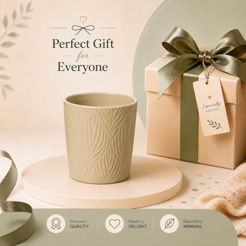 Image of Xtore Graceful Textured Ceramic Planter Pot for Indoor Plants | Nature-Inspired Leaf Pattern Flower Pot for Home, Office Desk & Balcony Decor (Beige - Planter only)