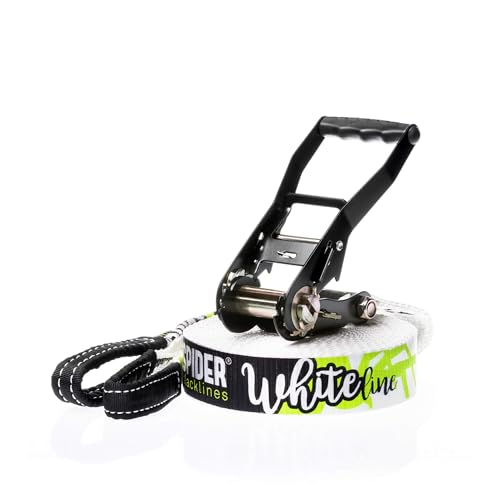 SPIDER SLACKLINE SKS01 - Slackline Kit White Line - Entrenamiento y Equilibrio, Caminata y Freestyle - Trinquete, Bolsa - para Principiantes y Slackliners Expertos - Longitud 15 m SPIDER SLACKLINE SKS01 - Slackline Kit White Line - Entrenamiento y Equilibrio, Caminata y Freestyle - Trinquete, Bolsa - para Principiantes y Slackliners Expertos - Longitud 15 m