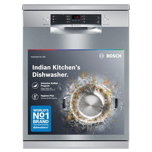 Image of Bosch 15 Place Setting (fits up to 80 utensils) Free-Standing Dishwasher for Indian Utensils | Hygiene+ & Intensive Kadhai Program (SMS46KI03I, Silver Inox, Inbuilt Heater, Removes 99.9% Germs)