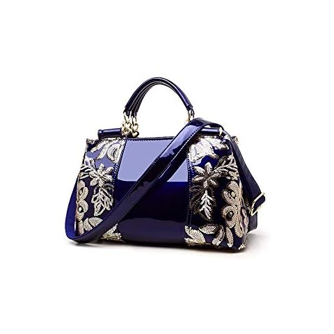 Women Handbag Top Handle Bag, Patent Leather Embroidery Fashion Tote Purse for Ladies Evening Party, Wedding, Special Occasion, Blue Cover