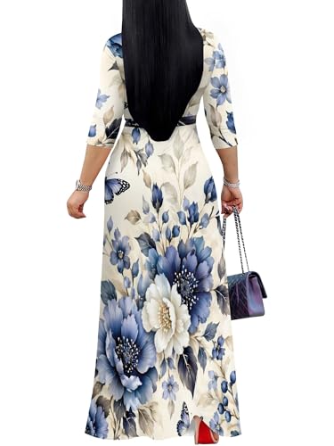 Image of Women Plus Size Long Sleeve V Neck Maxi Dress with Belt | Soft fabric relaxed fit three quarter sleeve v neck with pockets for party and daily wear