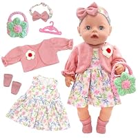 Puppenkleidung 14-17 Zoll, Puppenkleider für 35-43 cm Babypuppen, Elegante und Helle Puppenzubehör – Rosa Blumenrock-Set, Haarband, Gewebte Tasche, Socken (Puppe Nicht Enthalten)