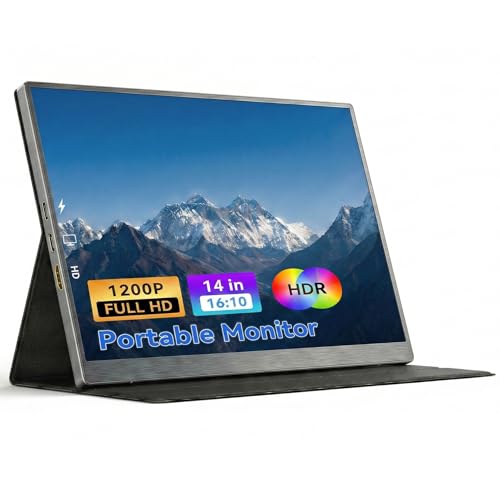 Image of 14 Inch Portable Monitor 1920x1200 IPS 16:10 Laptop Screen Extender, HDR FreeSync USB-C HDMI External Travel Monitor with Smart Cover & Dual Speakers for Mac PC PS5 Xbox Switch