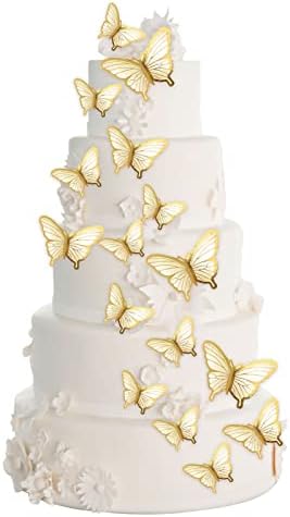 60 Pcs Butterfly Cupcake Toppers Birthday Party Decor,3D Yellow Gold Butterfly Cake Topper Picks Decor for Girls Women Birthday Party Baby Shower Wedding Cake Ornaments Party Decoration(gold)