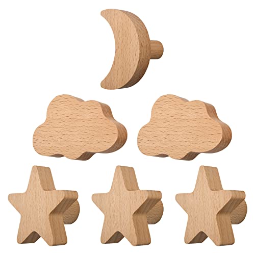 MOROBOR 6pcs Cloud Moon Star Shape Wooden Wall Hooks, Cabinet Door Handle, Nordic Style Decorative Hook Used for Bedroom, Living Room, Porch, Especially Children's Room