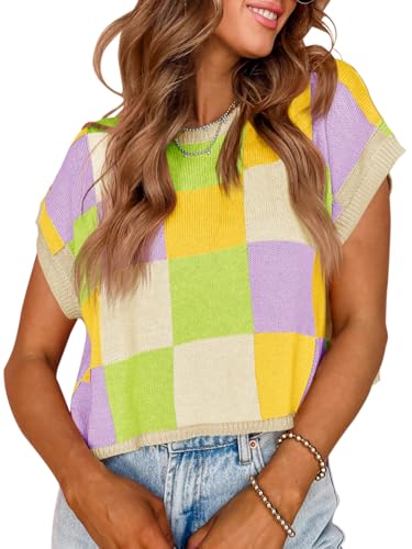 Image of Saodimallsu Womens Cap Sleeve Crop Tops Summer Color Block Going Out Crew Neck Knit Trendy Casual Sweater