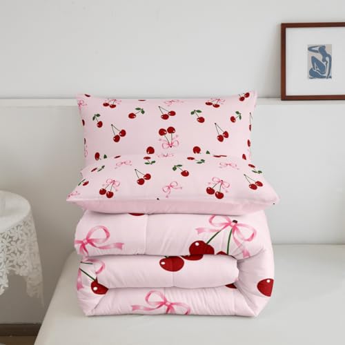 Image of Feelyou Bows Cherry Summer Comforter Set Twin Size Kids Boys Girls Bedding